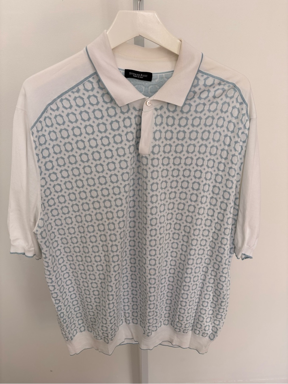 Stefano Ricci White and Light Blue Geometric Knit Polo